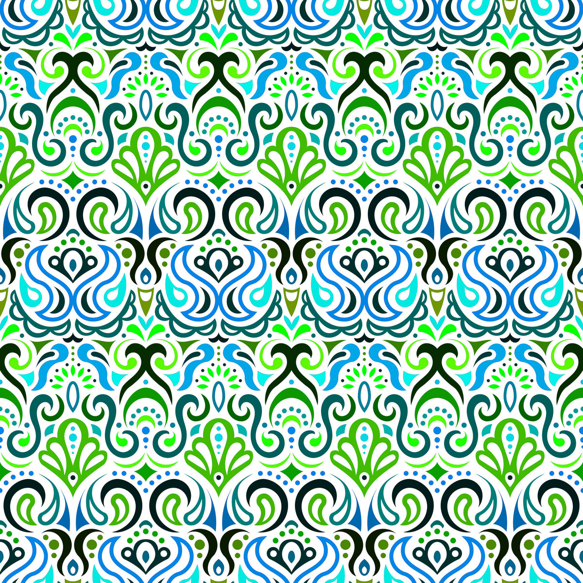 Green - Blue - Turquoise Abstract Doodle Fabric 1002i