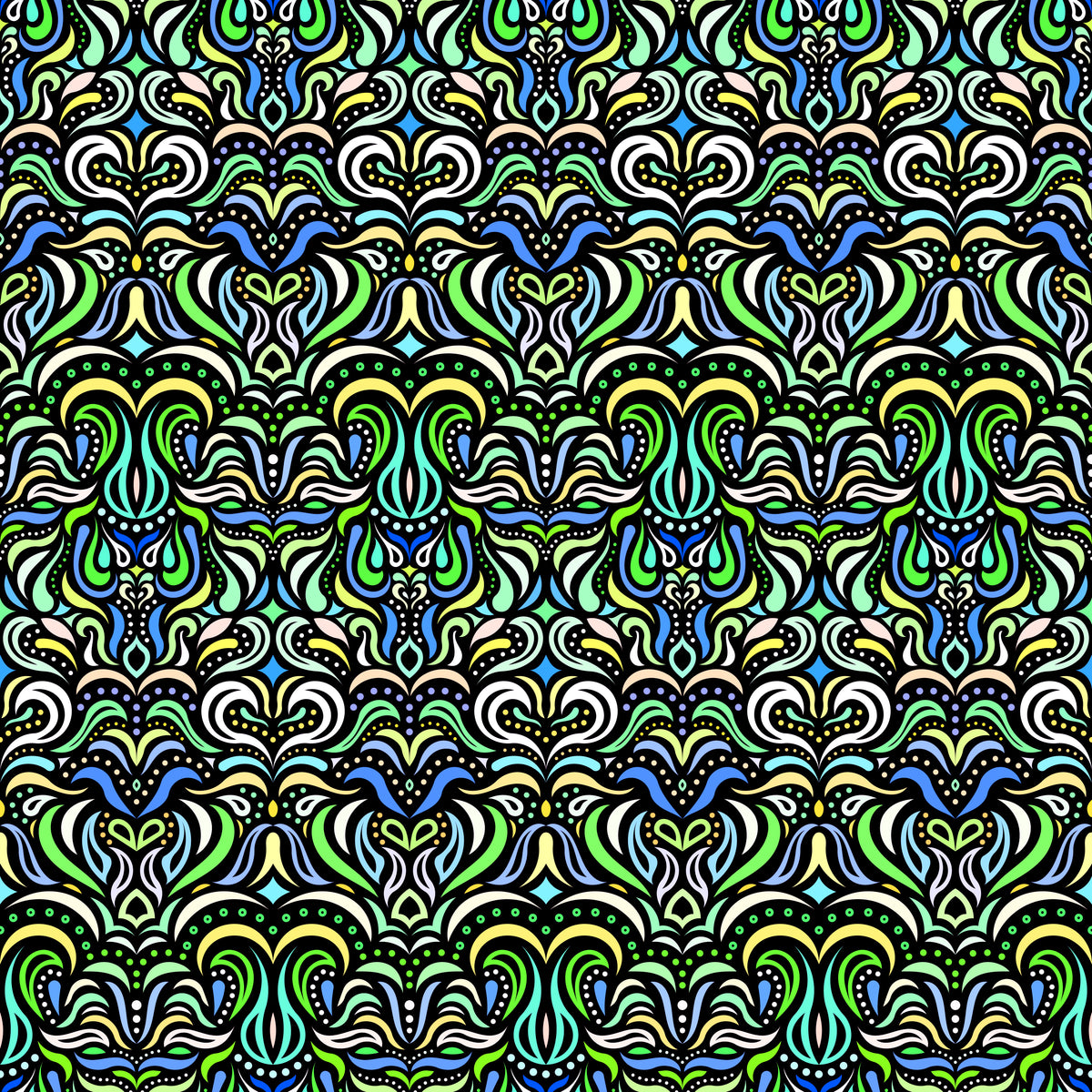 Turquoise - Green - Yellow - Blue Abstract Doodle Fabric 1013.2