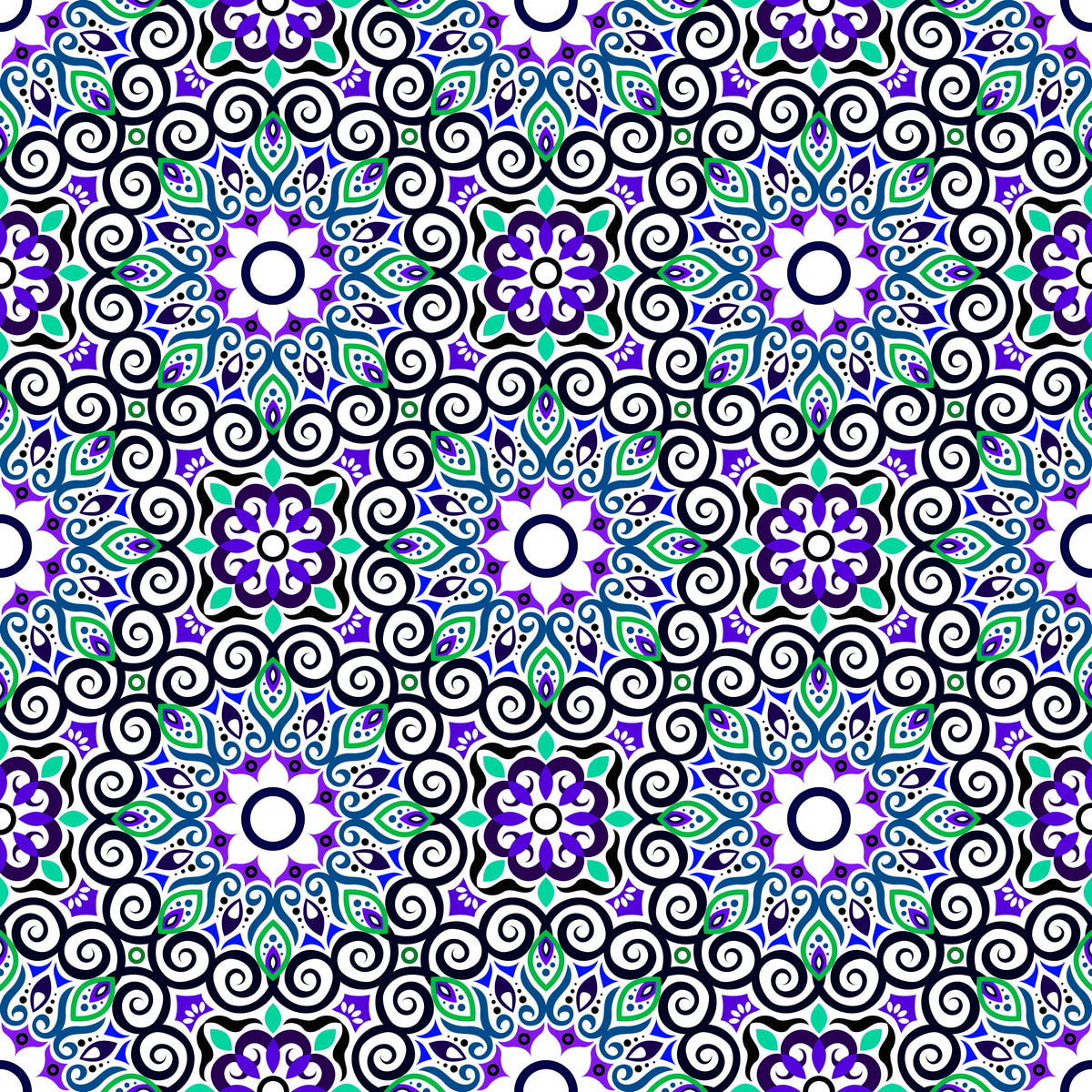Turquoise - Purple - Blue Mandala Fabric - 125i
