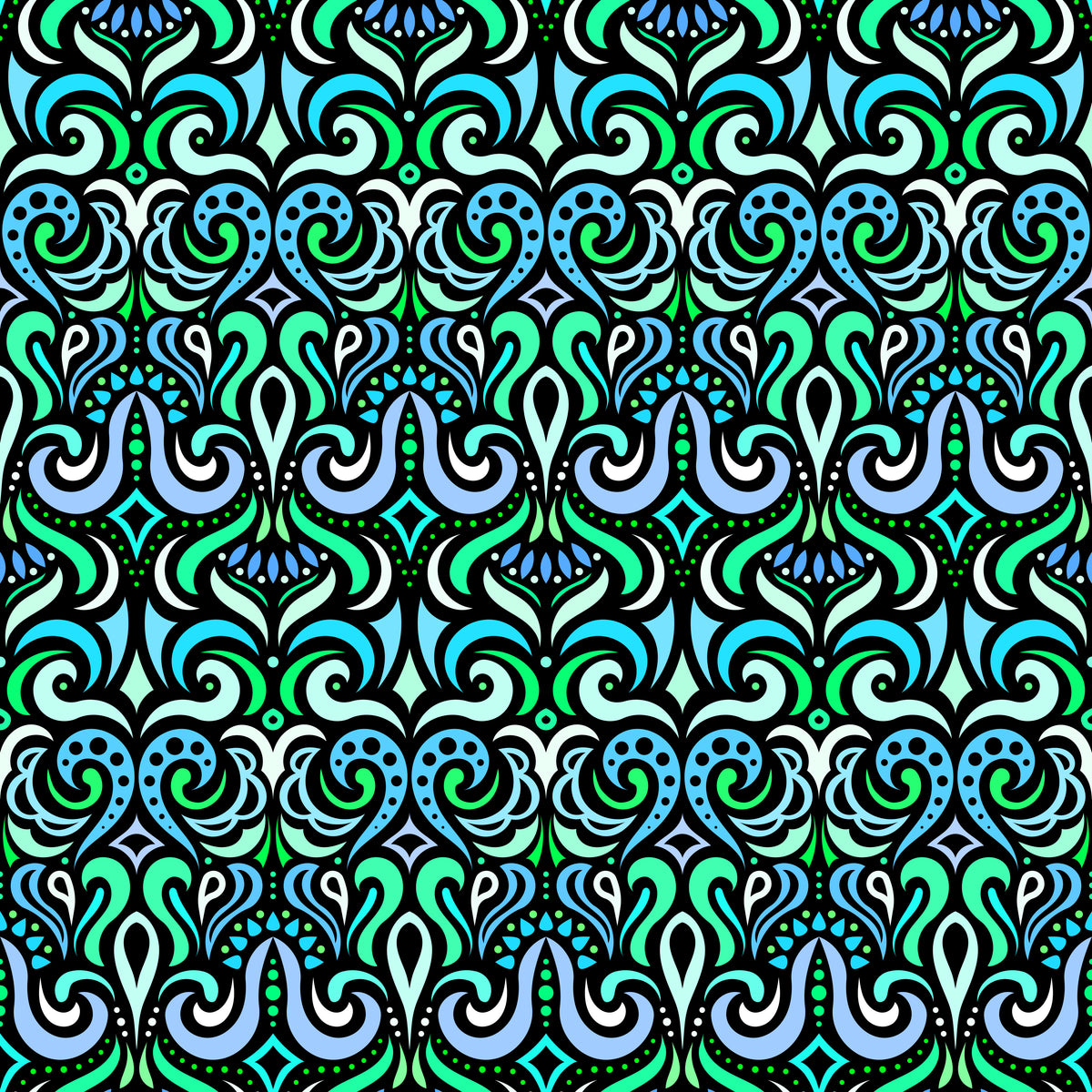 Blue - Turquoise - Green Abstract Doodle Fabric 1001