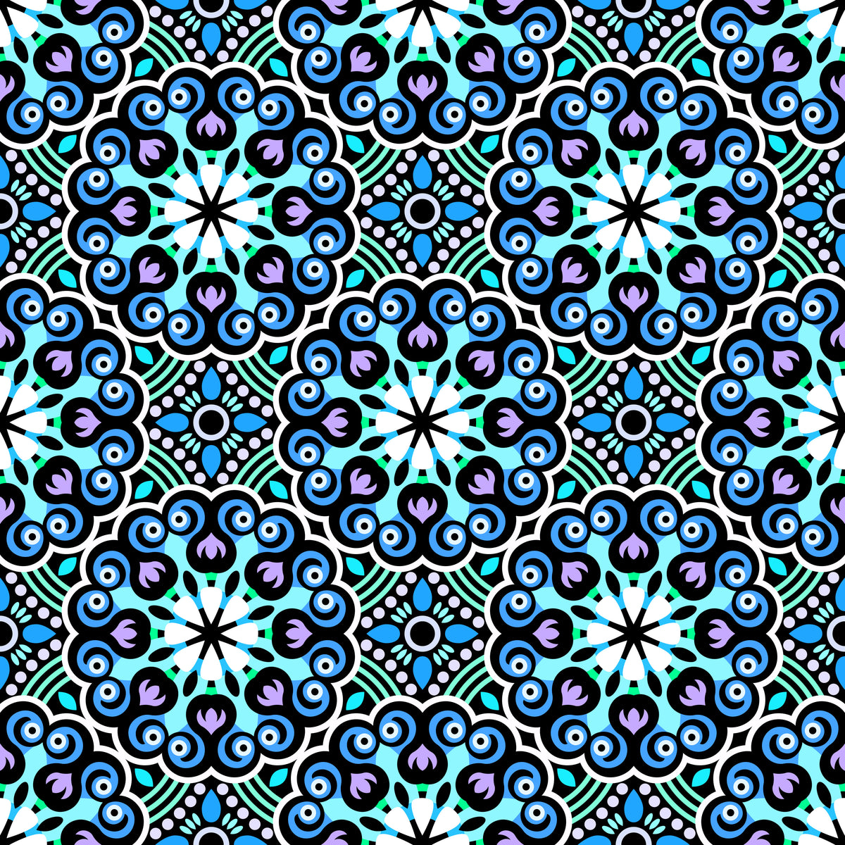 Turquoise - Blue - Purple Mandala Fabric - 132