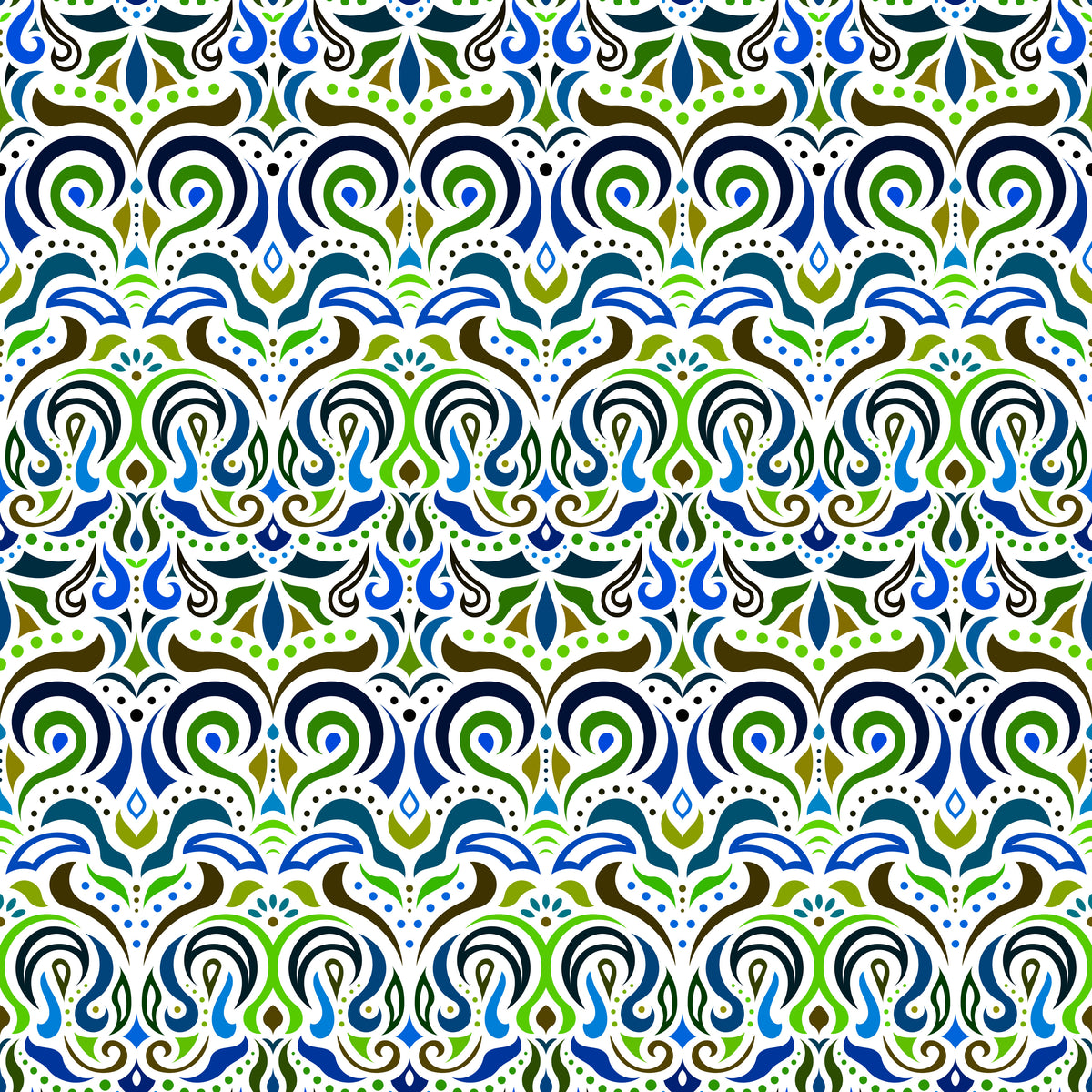 Green - Blue - Brown Abstract Doodle Fabric 1007i