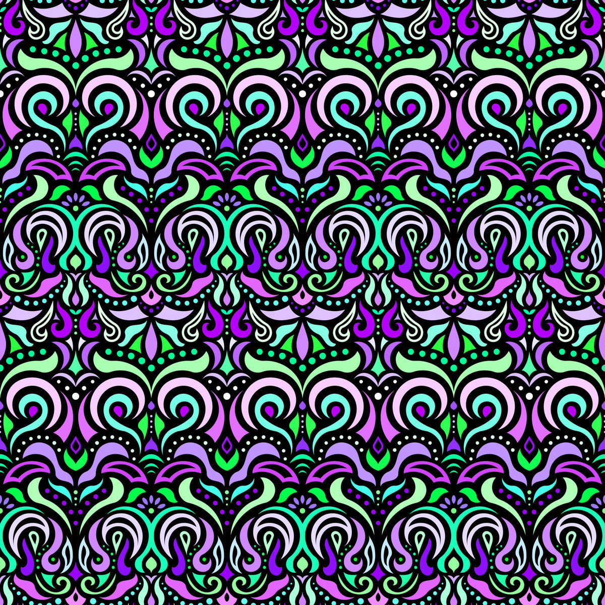 Green - Purple - Turquoise Abstract Doodle Fabric 1007