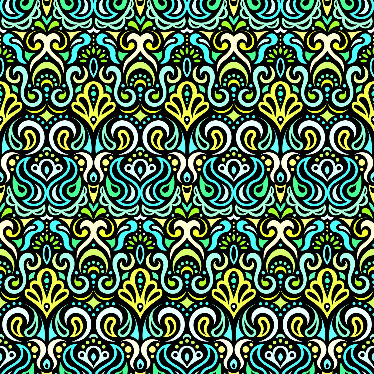 Turquoise - Yellow - Green Abstract Doodle Fabric 1002