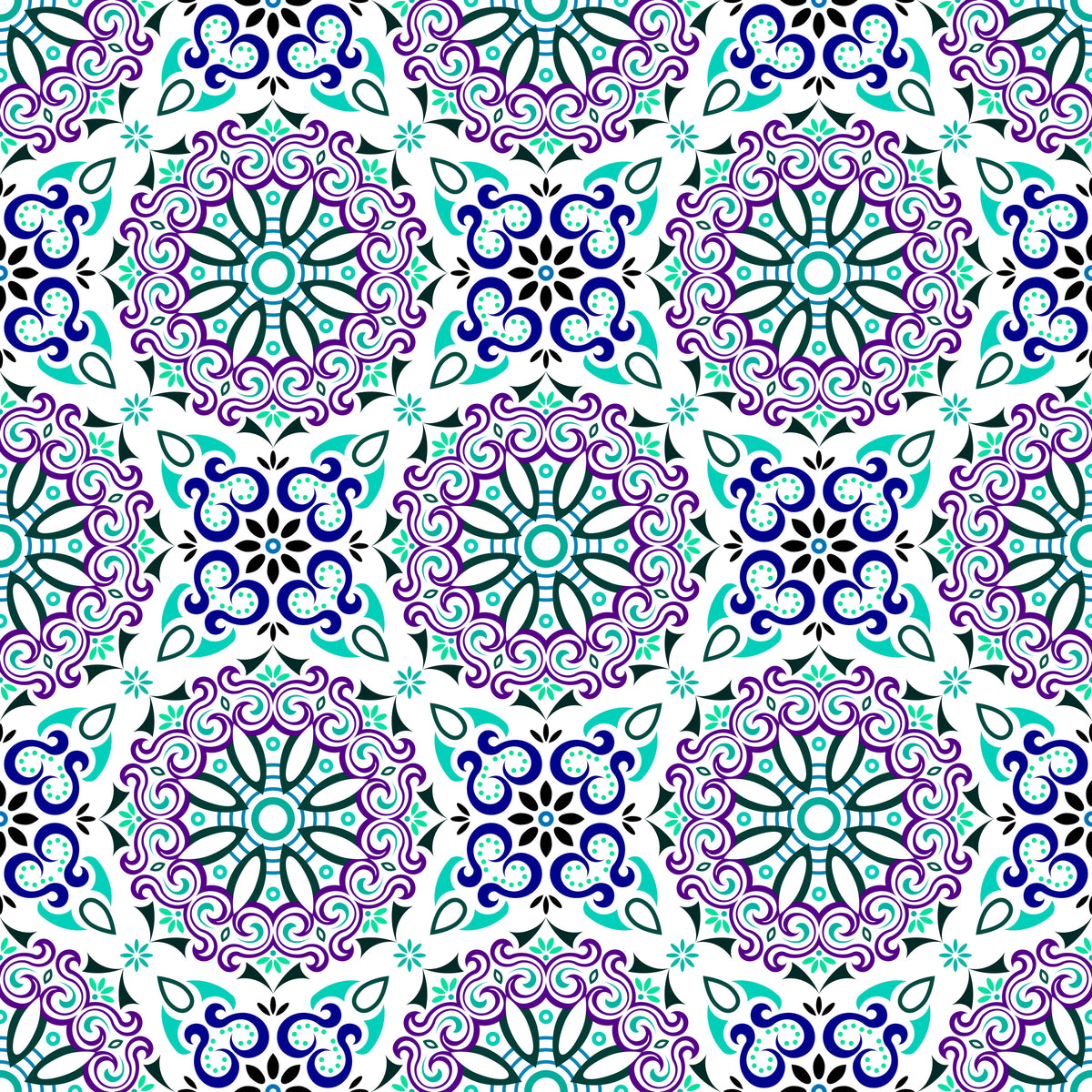 Turquoise - Purple - Blue Mandala Fabric - 166i