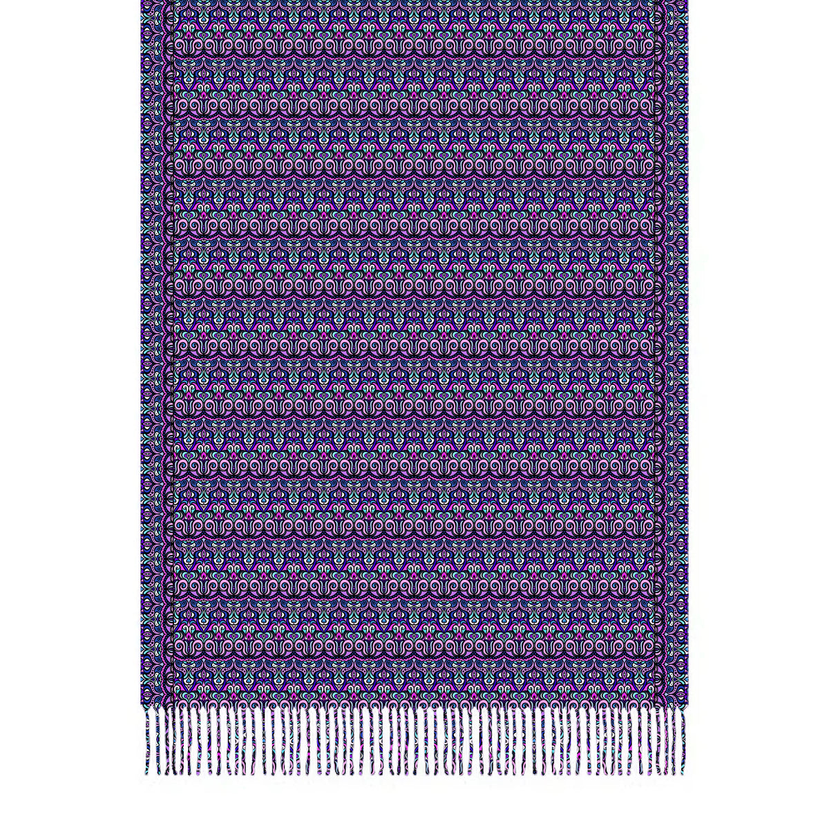 Purple - Pink - Turquoise Abstract Doodle Scarf with Tassels