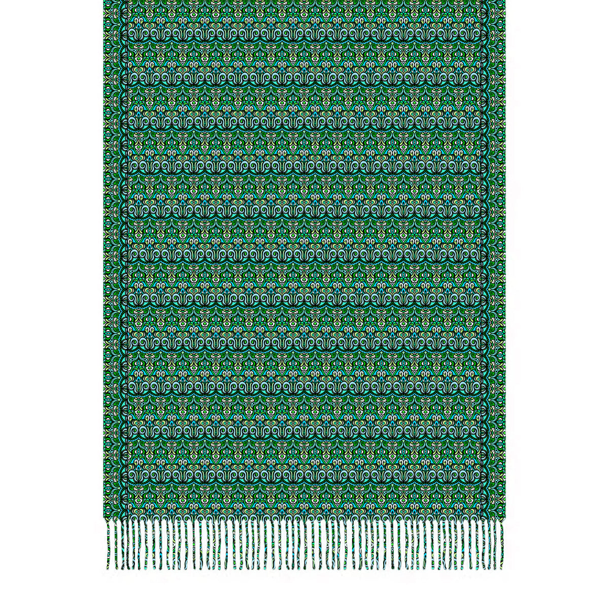 Green - Turquoise - Blue Abstract Doodle Scarf with Tassels