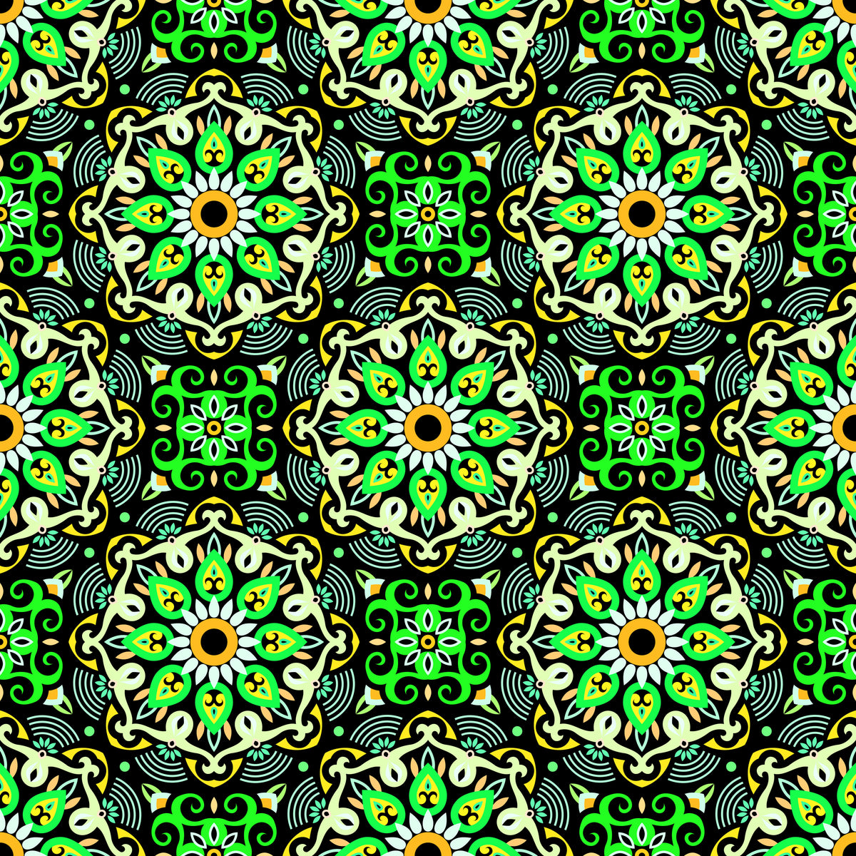 Green - Yellow - Orange Mandala Fabric - 140