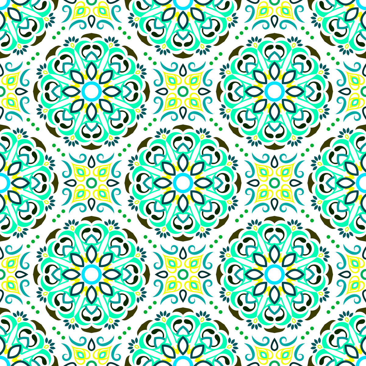 Turquoise - Yellow - Green Mandala Fabric - 160i