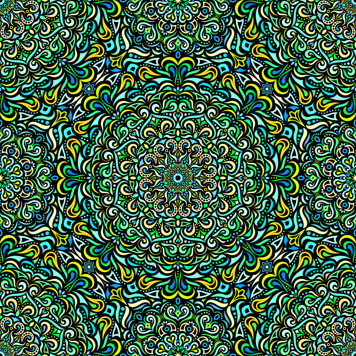 Turquoise - Green - Blue - Yellow Mandala Fabric 2005