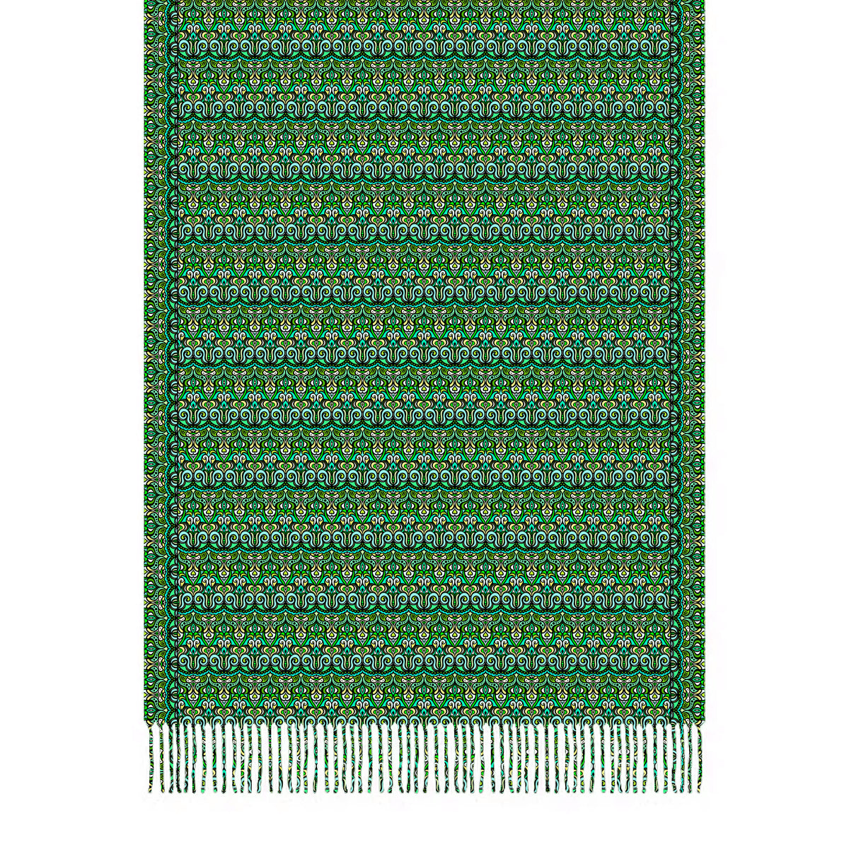 Green - Yellow - Turquoise Abstract Doodle Scarf with Tassels