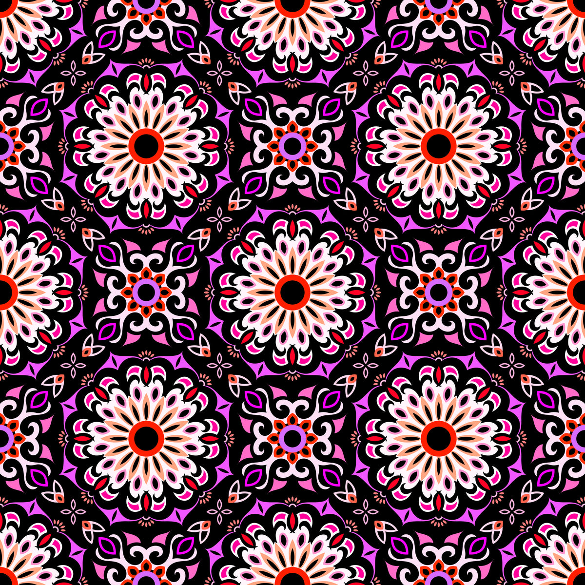 Purple - Red - Pink Mandala Fabric - 198