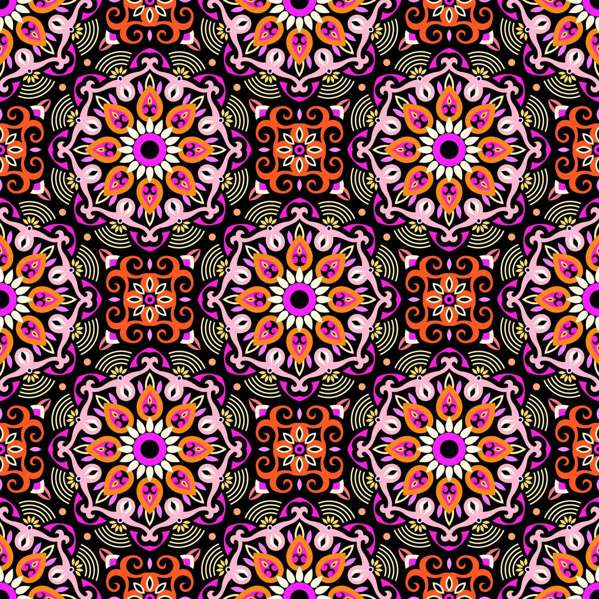 Orange - Pink - Yellow Mandala Fabric - 140