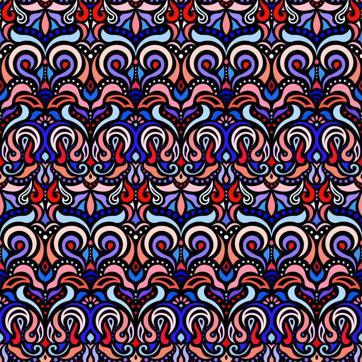 Blue - Red Abstract Doodle Fabric 1007