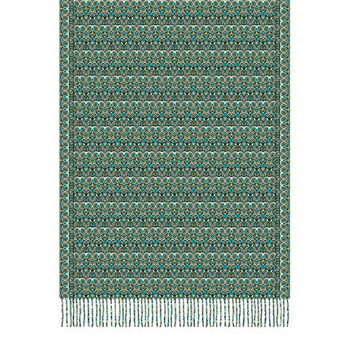 Turquoise - Green - Yellow Abstract Doodle Scarf with Tassels