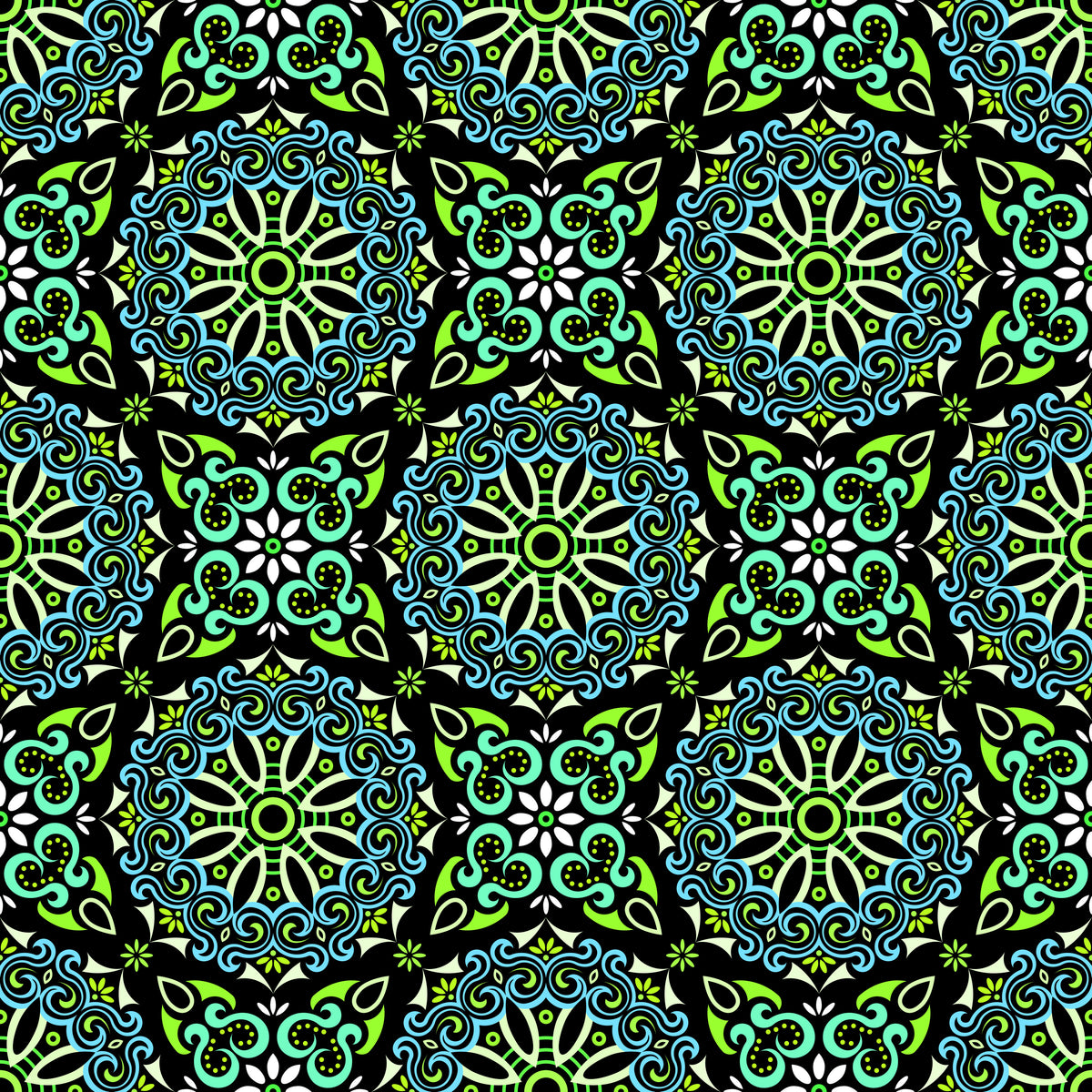 Turquoise - Blue - Green Mandala Fabric - 166