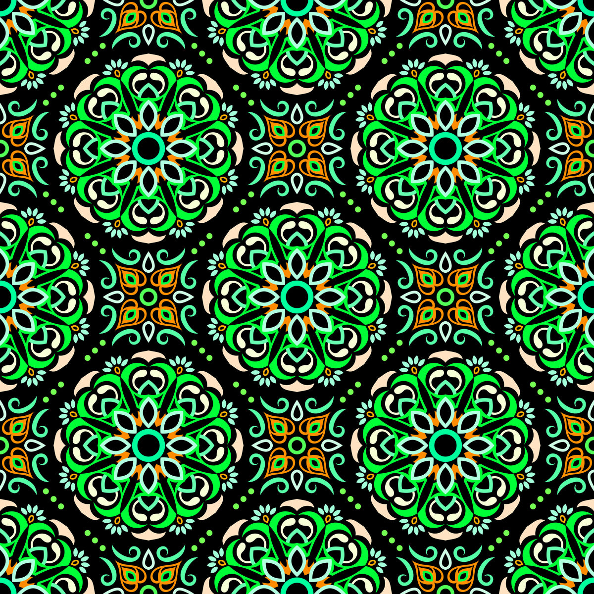 Green - Orange - Turquoise Mandala Fabric - 160