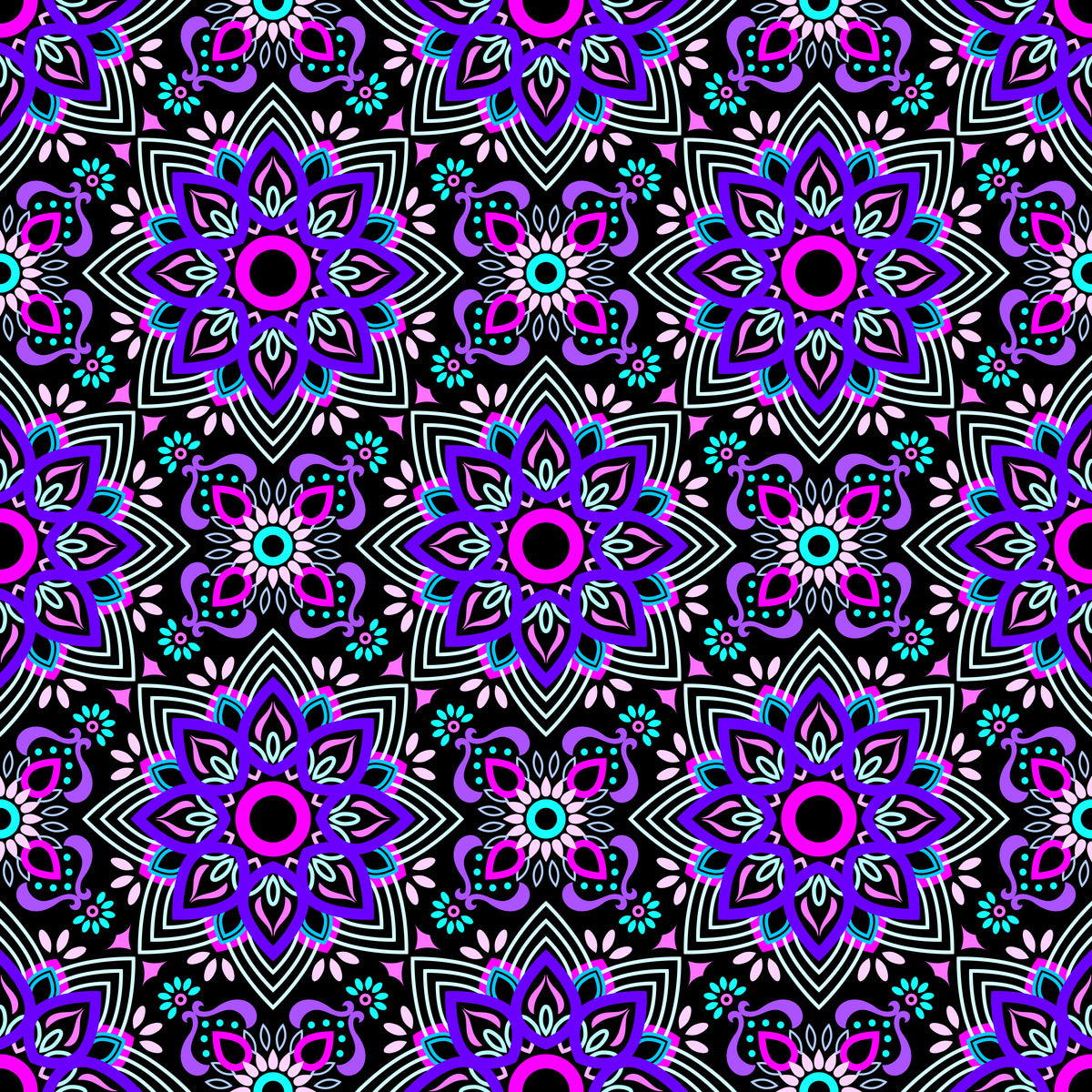 Purple - Turquoise - Pink Mandala Fabric - 145