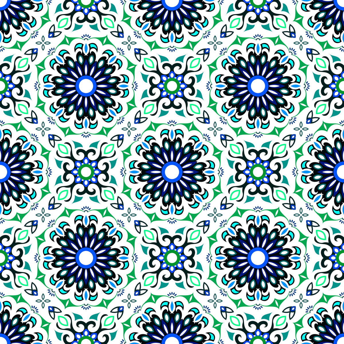 Green - Turquoise - Blue Mandala Fabric - 198i