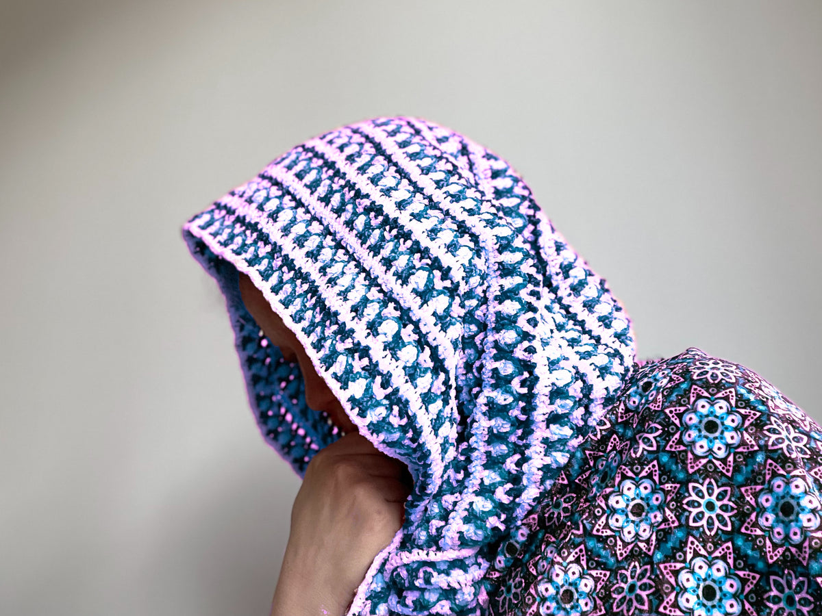 Crochet Pattern: Peace Hooded Scarf in Crushed Velvet
