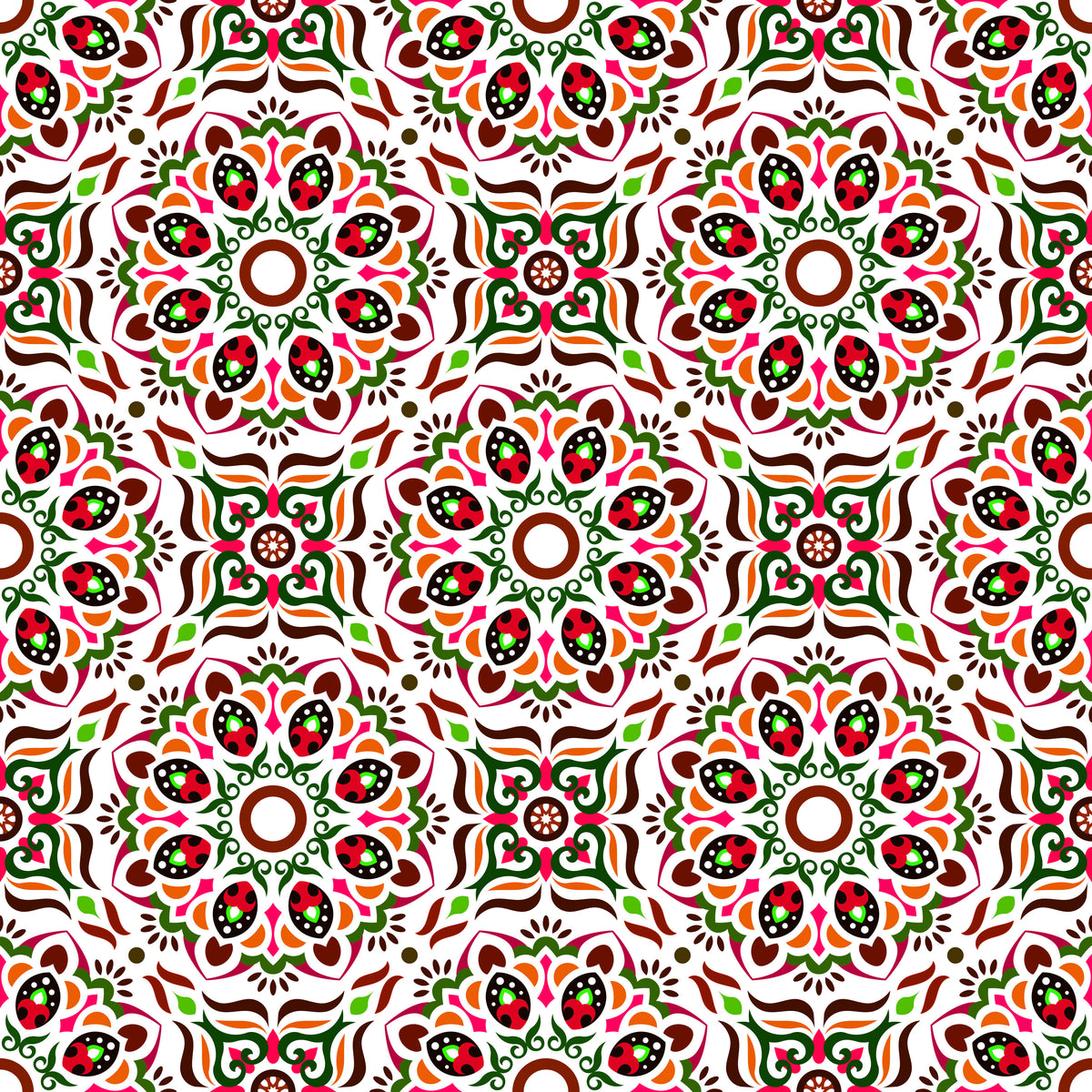 Red - Green - Orange Mandala Fabric - 186i