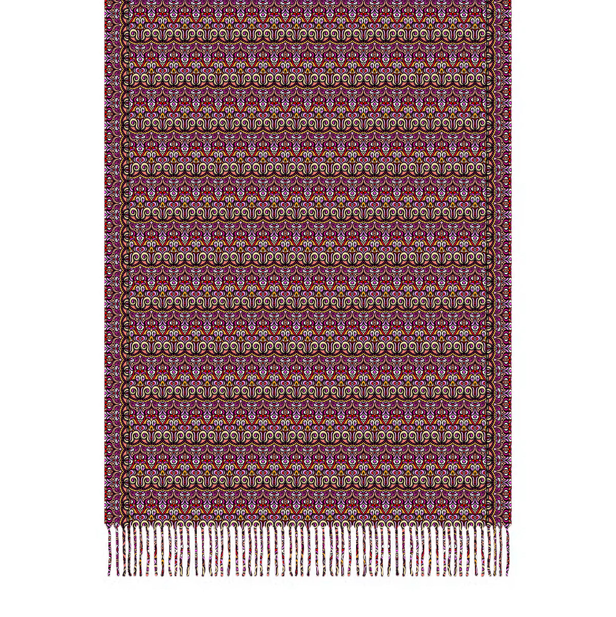 Pink - Yellow - Red Abstract Doodle Scarf with Tassels