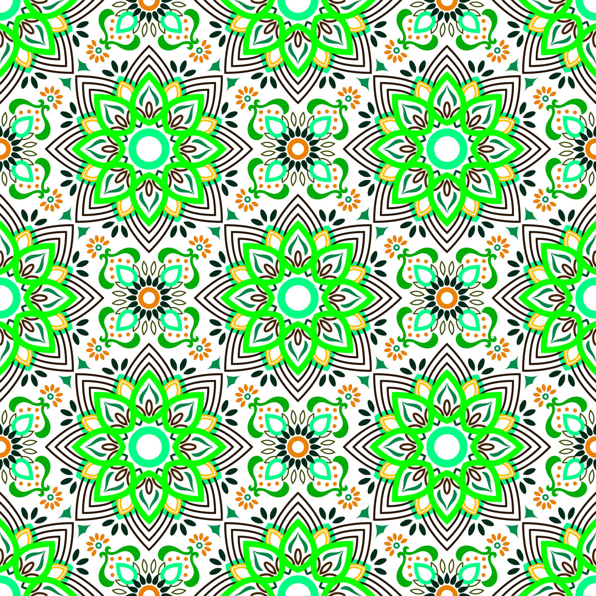 Green - Orange - Turquoise Mandala Fabric - 145i