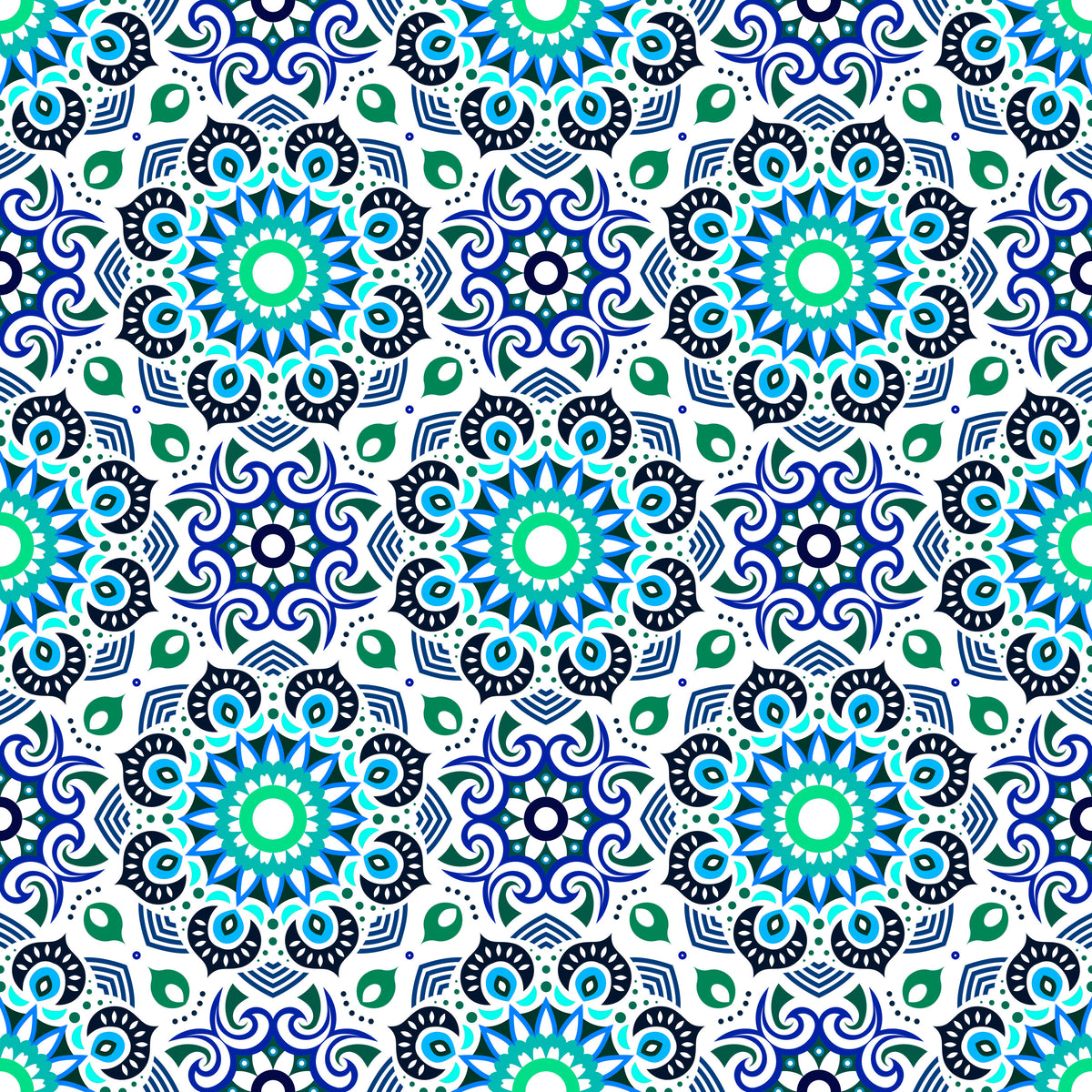 Turquoise - Blue - Green Mandala Fabric - 193i