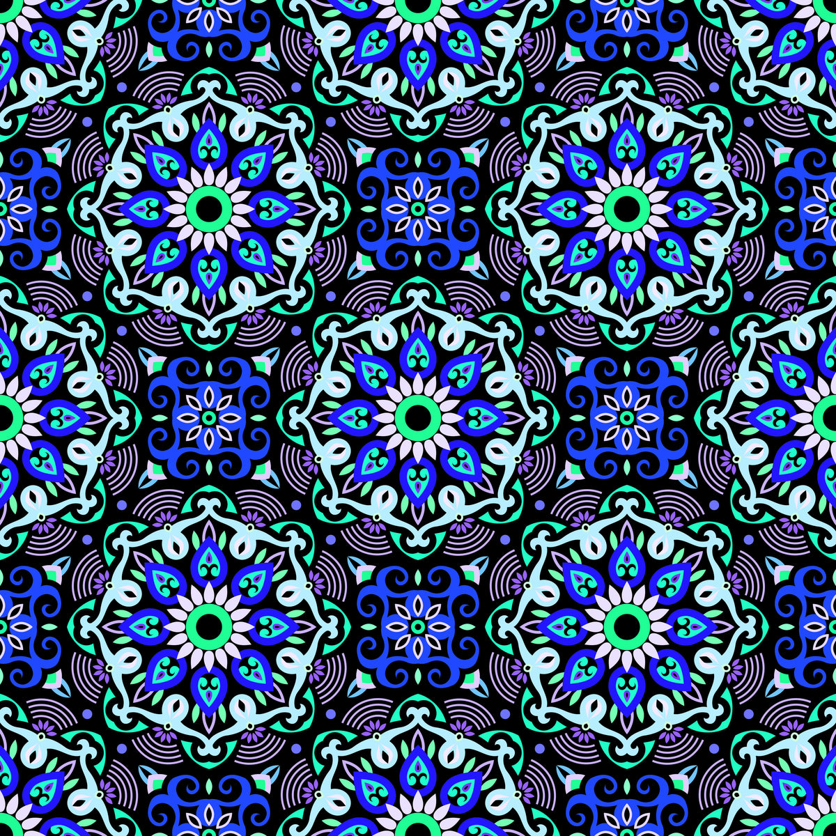 Blue - Turquoise - Purple Mandala Fabric - 140
