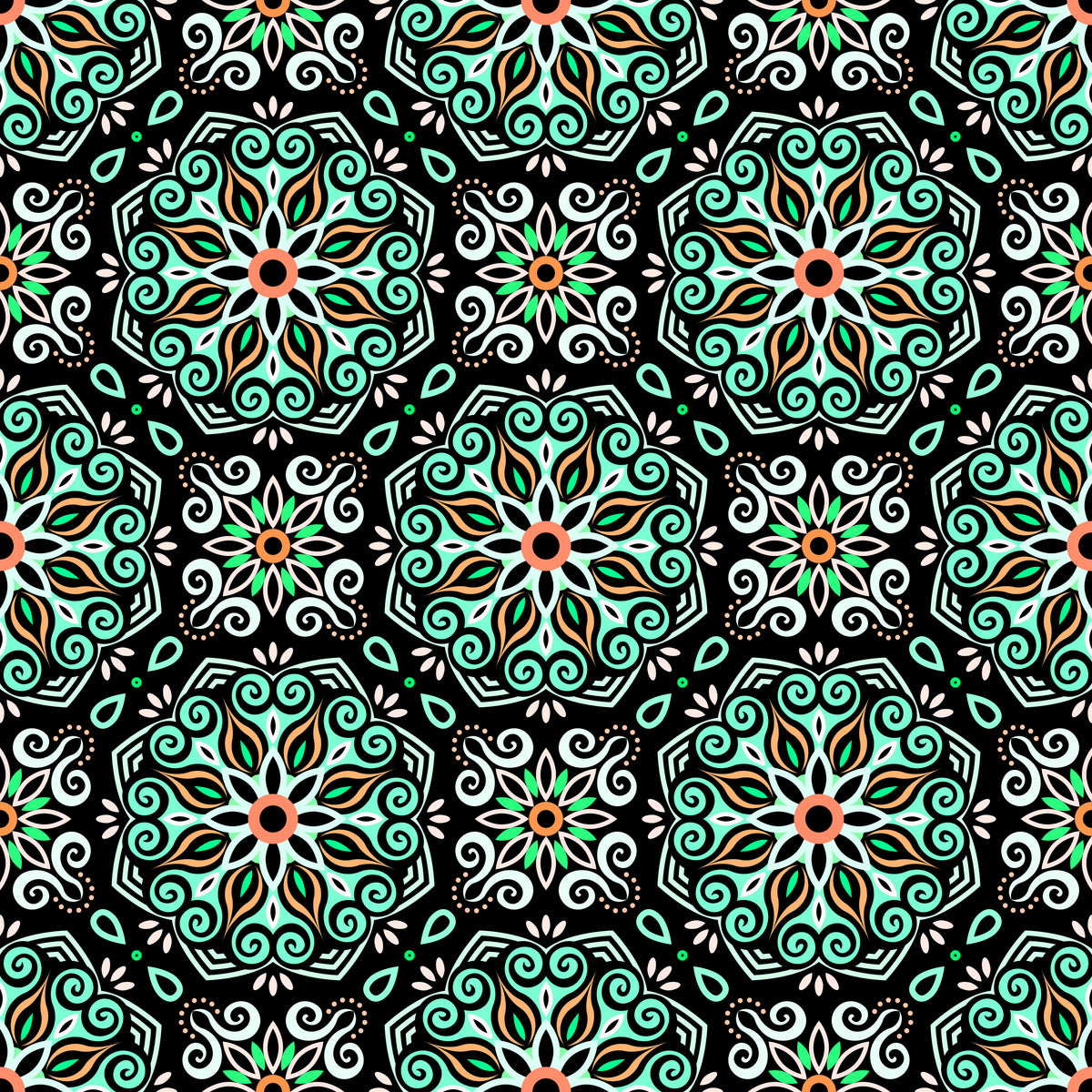 Turquoise - Orange - Green Mandala Fabric - 203
