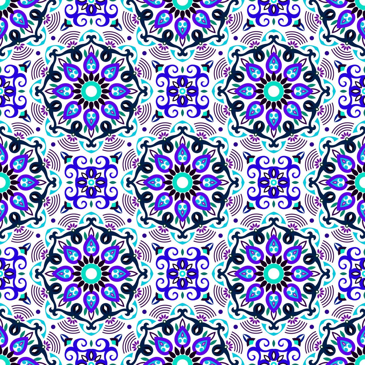 Turquoise - Blue - Purple Mandala Fabric - 140i