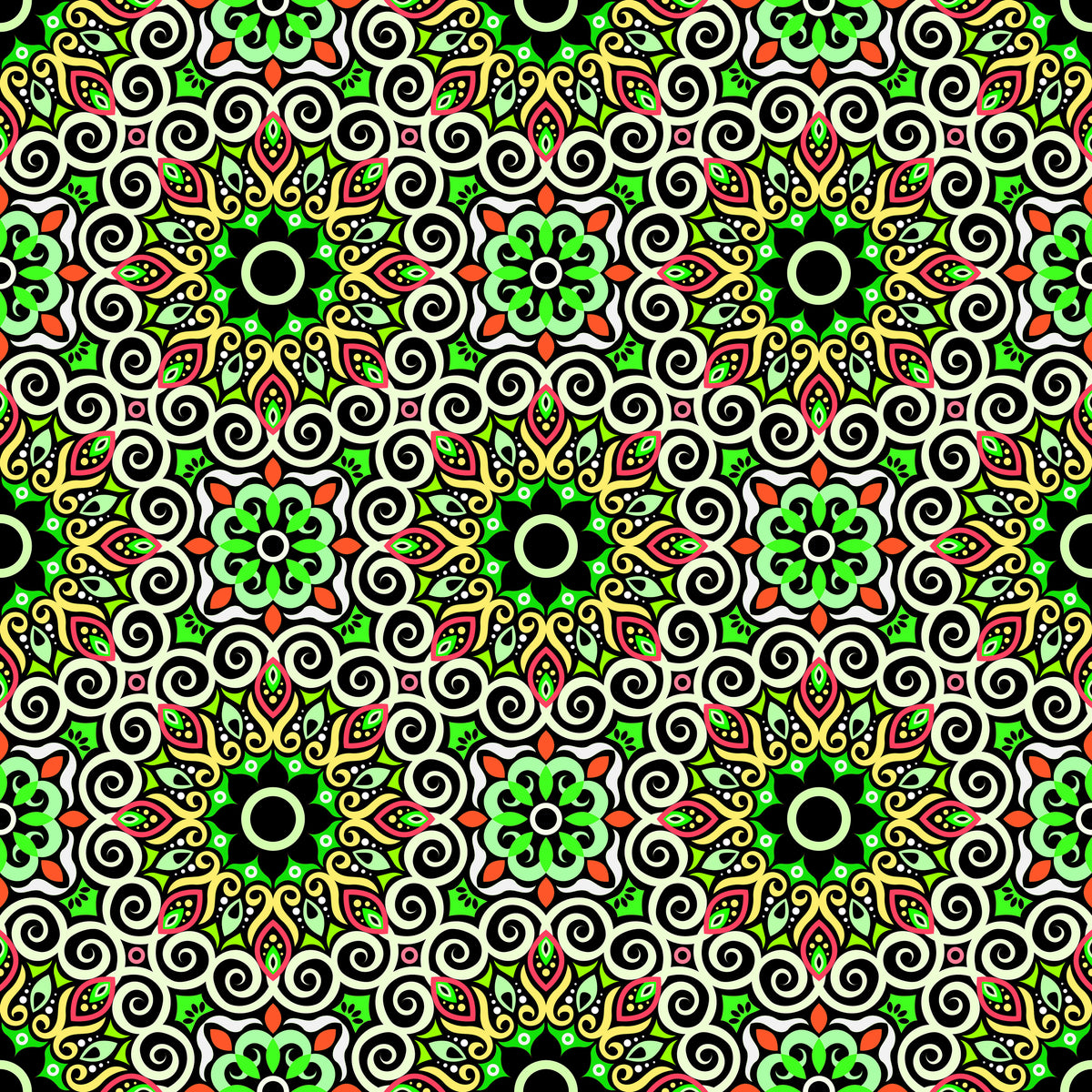 Green - Red - Yellow Mandala Fabric - 125