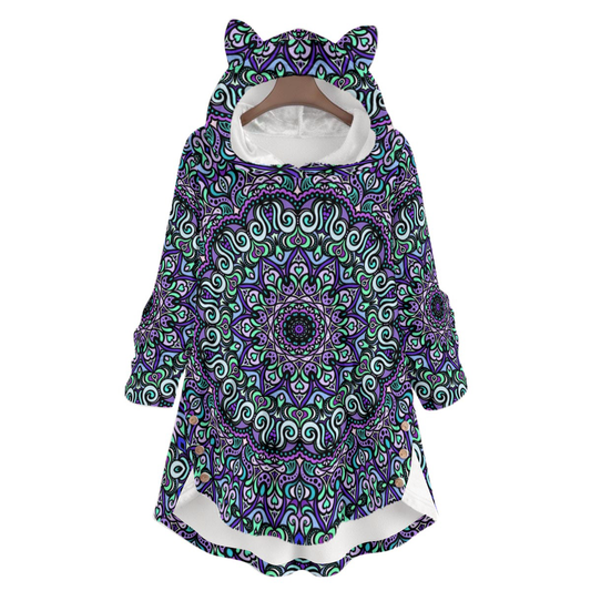 Purple - Turquoise Fuzzy Fleece Hoodie with Cat Ears