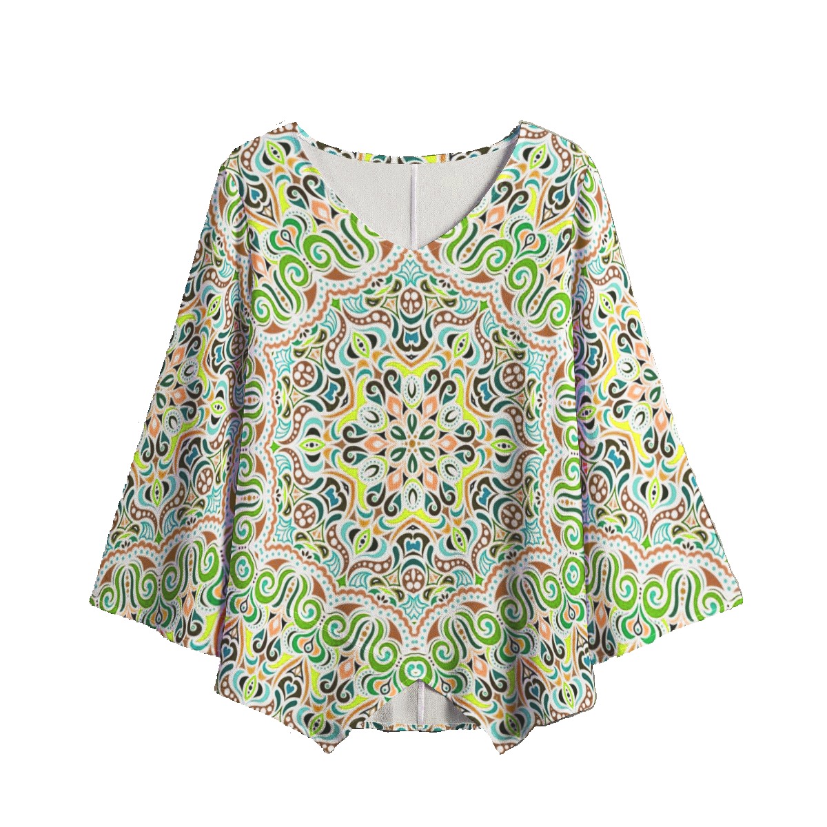 Green - Orange - Turquoise V-Neck Blouse