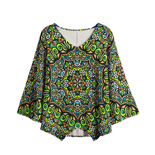 Green - Blue - Orange V-Neck Blouse