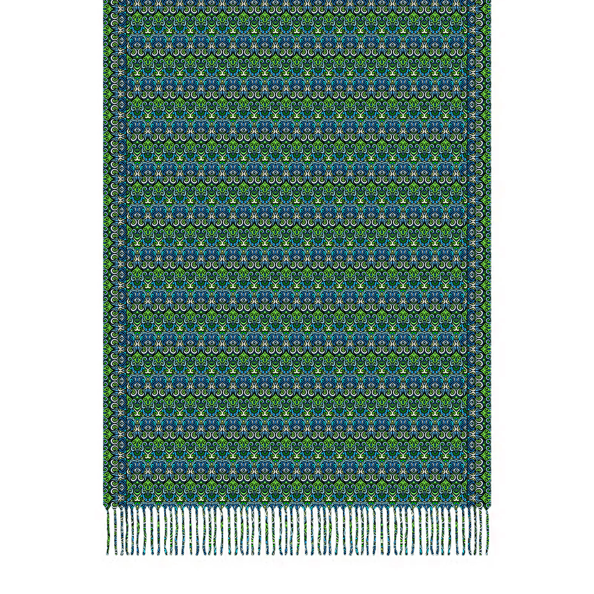 Green - Blue Abstract Doodle Scarf with Tassels